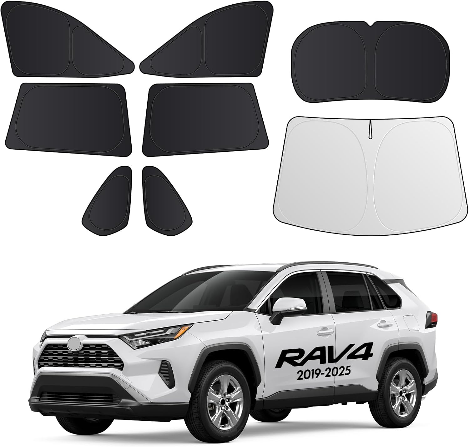 Set of car window sunshades and a windshield cover displayed with a white Toyota RAV4.