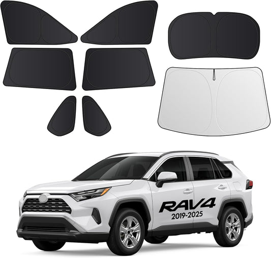 Set of car window sunshades and a windshield cover displayed with a white Toyota RAV4.