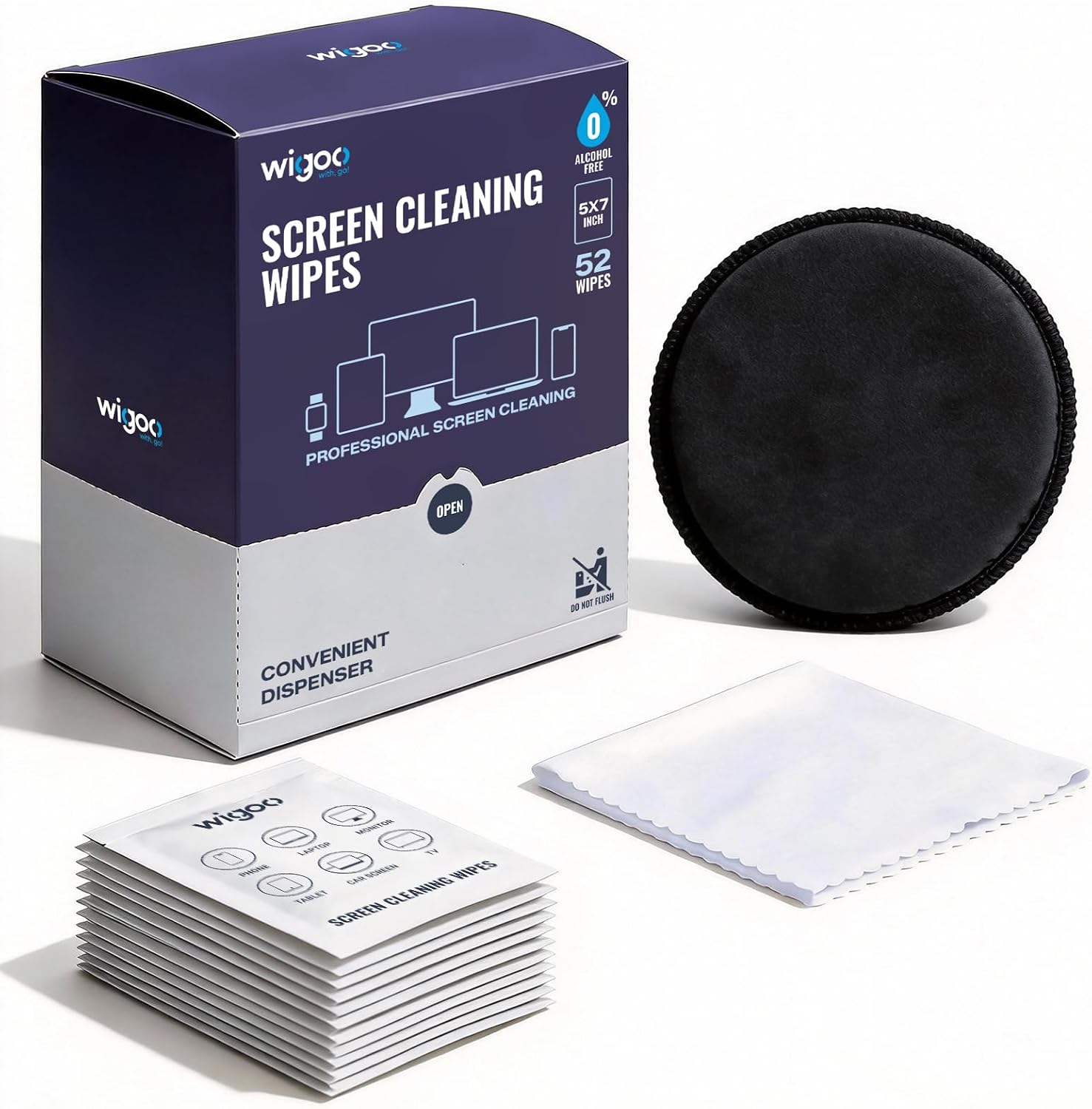 Wigoo Car Screen Cleaner Wipes [Alcohol-Free, Streak-Free] Auto Touchscreen Wipes for Computer, Laptop, Phone, ipad, Individually Wrapped 52 Count + Microfiber Pad & Cloth WIGOO