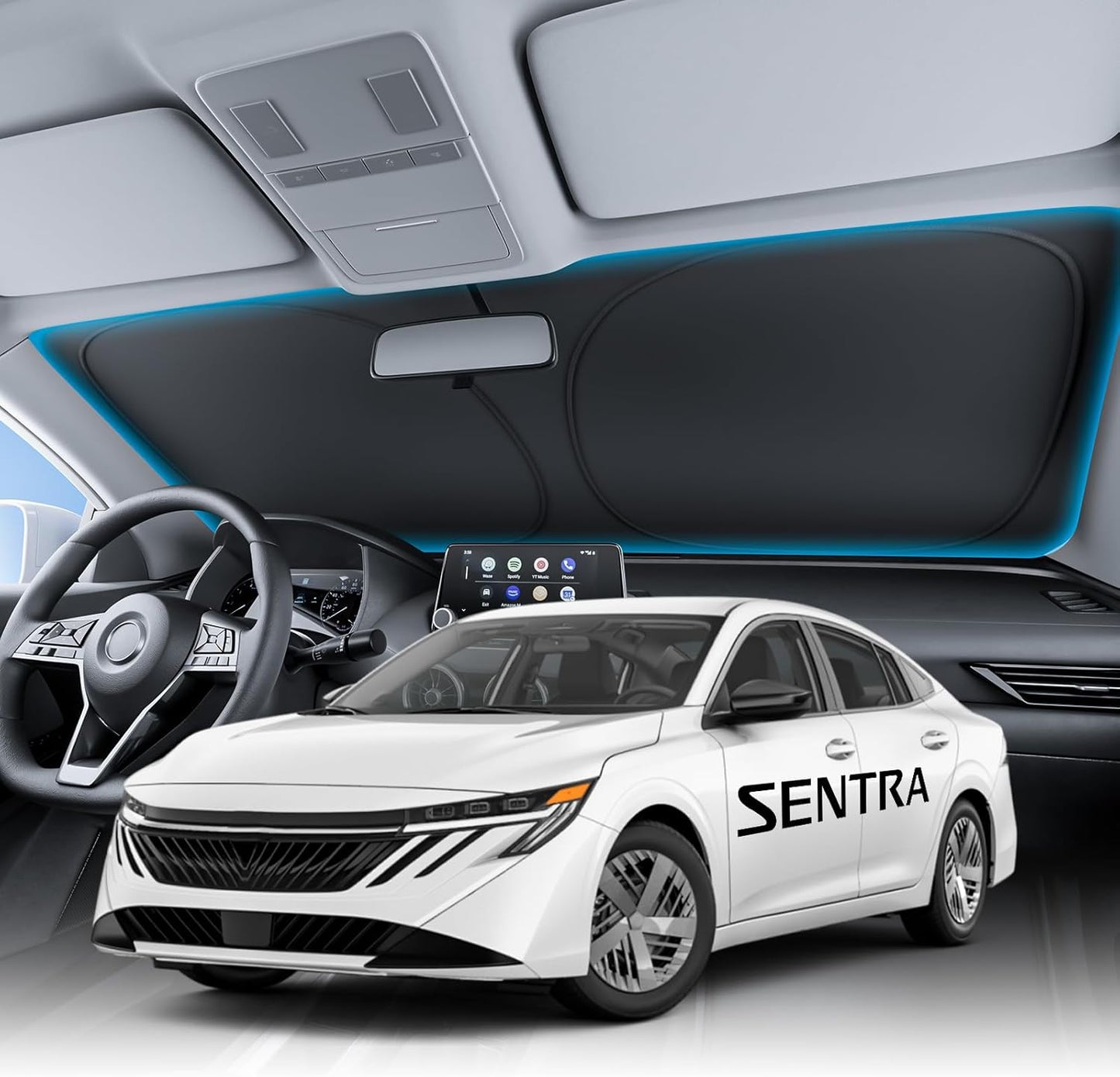 Car interior with a white car model labeled 'SENTRA' displayed in front