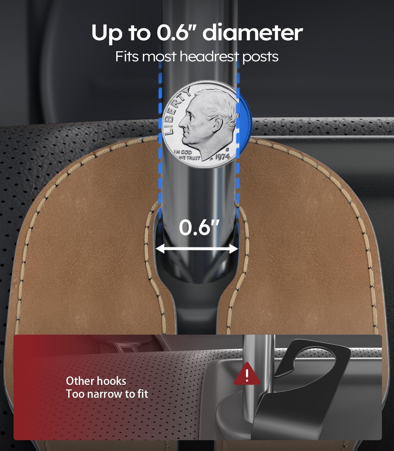 Car headrest hook with a coin for size reference, showing it fits most headrest posts.