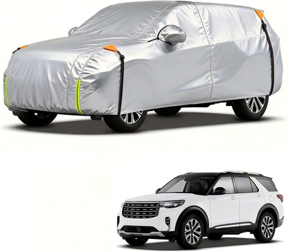 Car cover on a car and a white SUV on a white background
