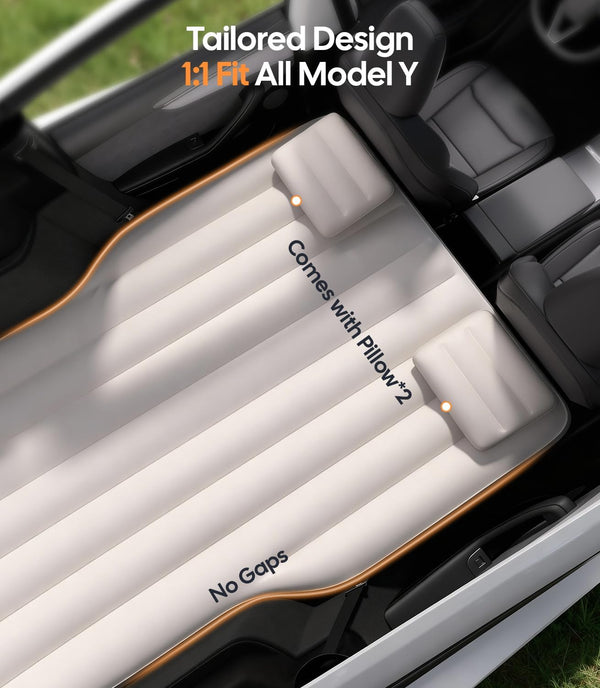 Inflatable car seat cover with text indicating fit for Tesla Model Y and features like 'No Gaps' and 'Pillow 2'.