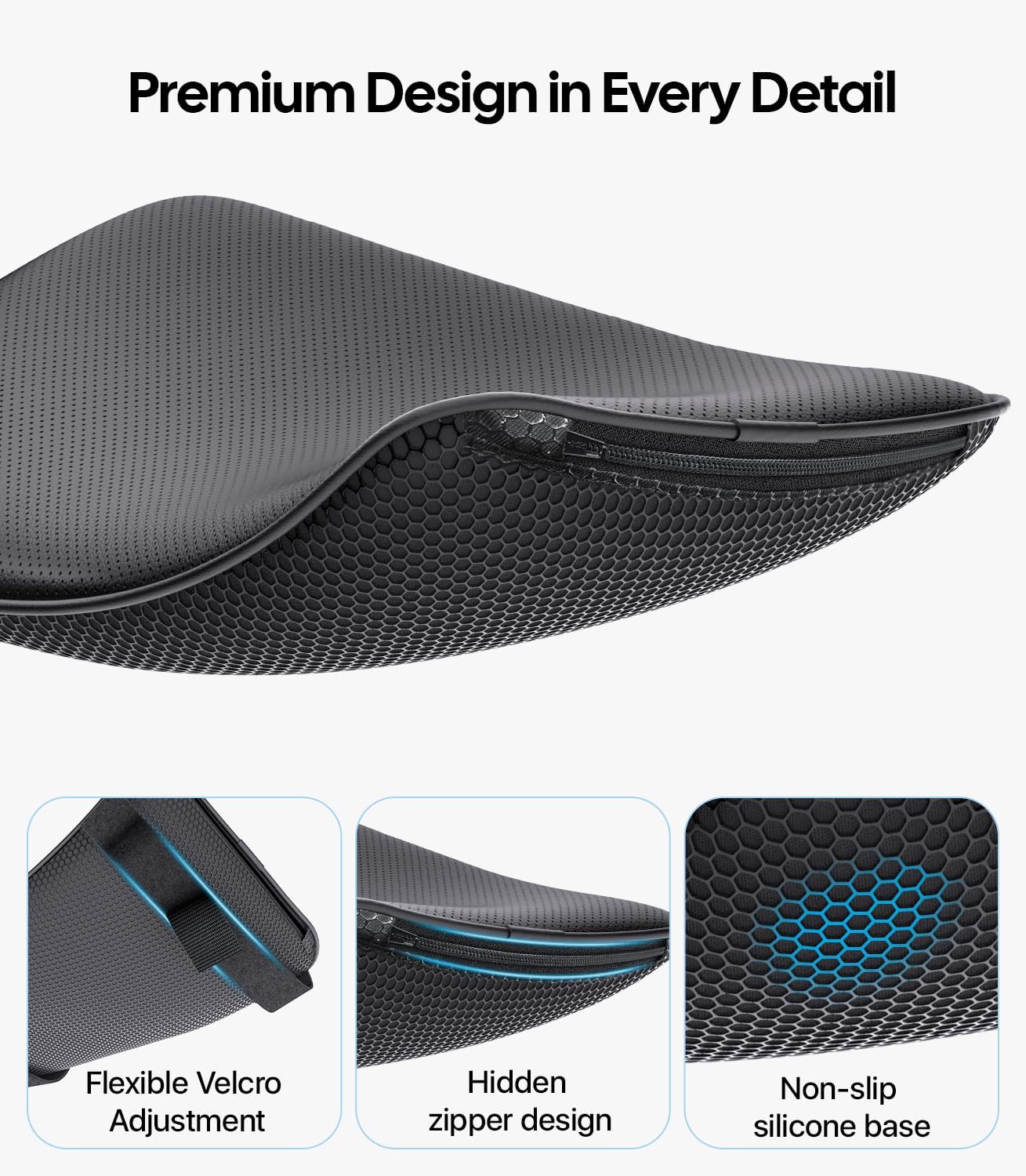 Black bicycle seat with detailed features on a white background
