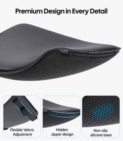 Black bicycle seat with detailed features on a white background