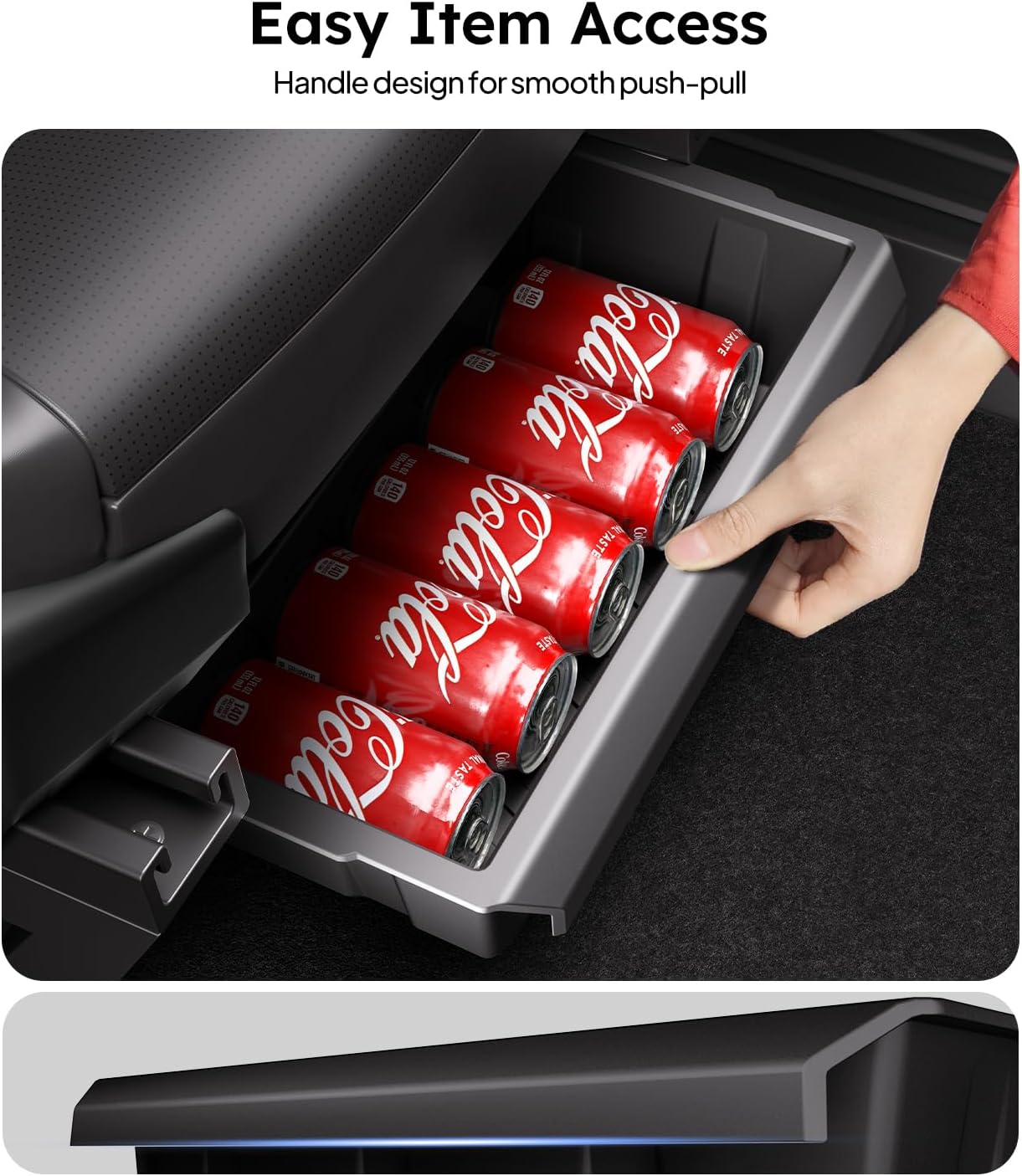 Coca-Cola cans in a car storage compartment with a hand reaching in to pull one out.