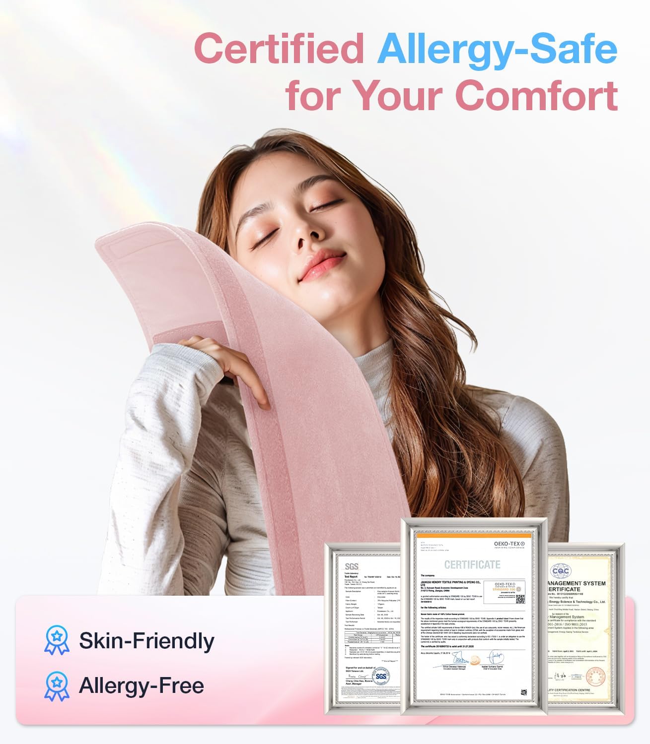 Woman using a pink pillow with 'Certified Allergy-Safe' text and certificates displayed.