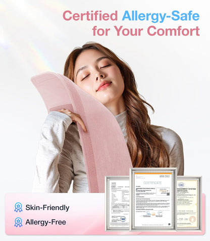 Woman using a pink pillow with 'Certified Allergy-Safe' text and certificates displayed.