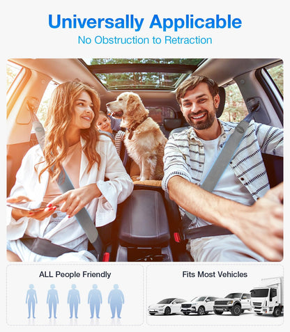 Family in a car with a dog, promoting a product or service related to vehicle safety or comfort.