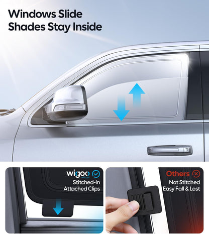 Car window shade with stitching-in-attached clips and comparison to other shades.