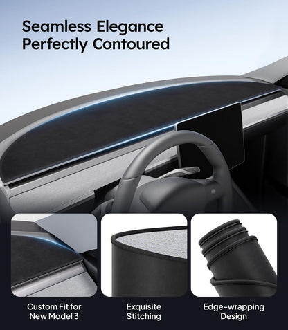 Car interior with dashboard and steering wheel, featuring text about seamless elegance and perfect contour.
