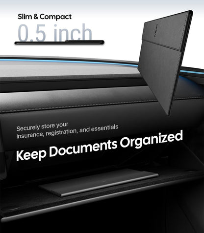 Car dashboard with a slim and compact document holder, showcasing its ability to keep documents organized.