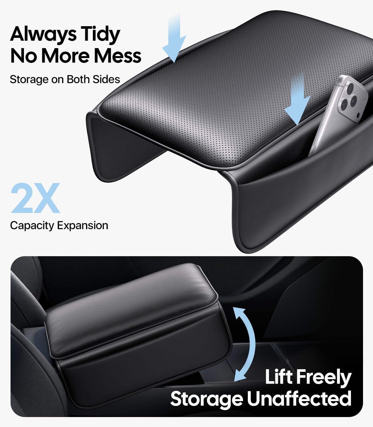 Car armrest organizer with storage compartments and text highlighting features.