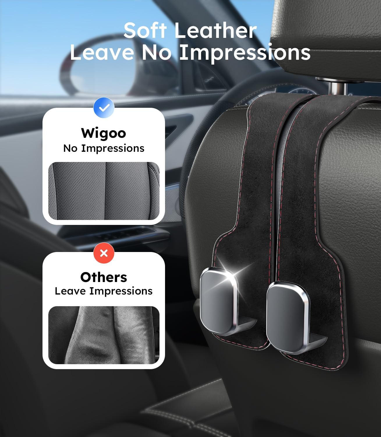 Car phone holder with soft leather finish on a car seat, comparing 'Wigoo' brand to others.