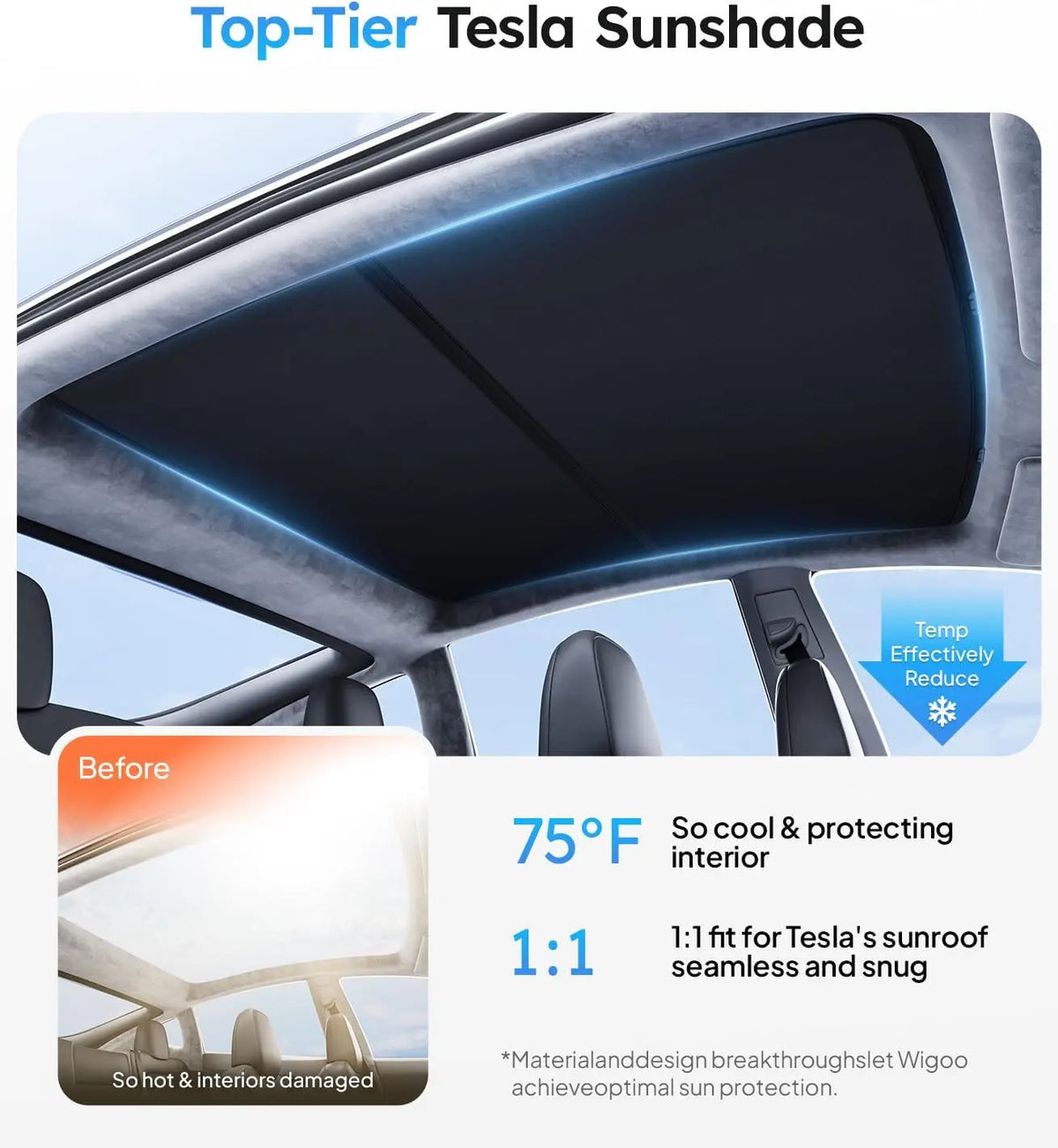 Tesla sunshade with text highlighting features and benefits