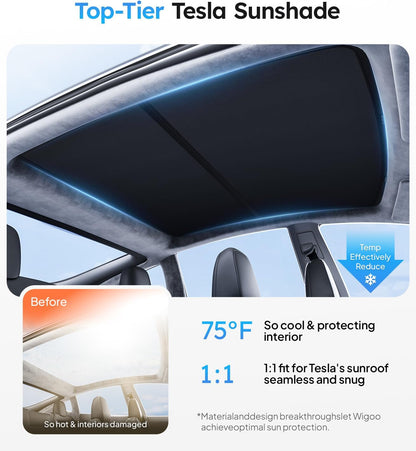 Tesla sunshade with text highlighting features and benefits