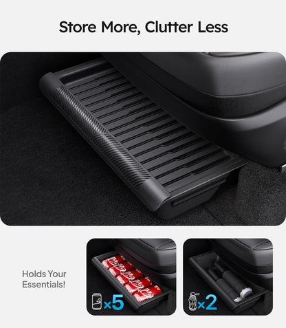Car armrest organizer with text 'Store More, Clutter Less' and images of holding items.