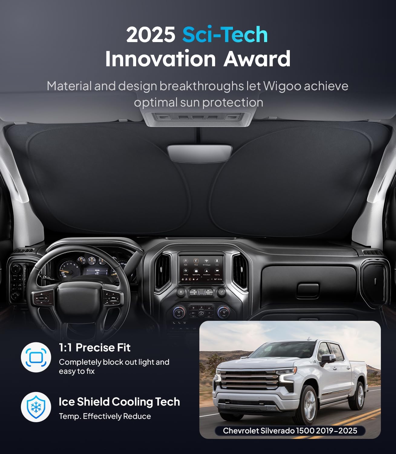 Car interior with sunshade and 2025 Sci-Tech Innovation Award text, featuring a Chevrolet Silverado.
