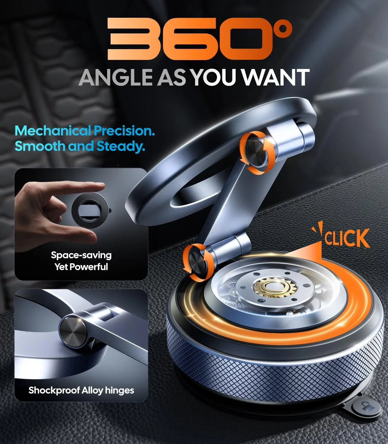 360-degree adjustable mount with mechanical precision and space-saving design on a dark background.