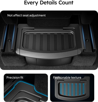 Car trunk mat with text highlighting features on a white background