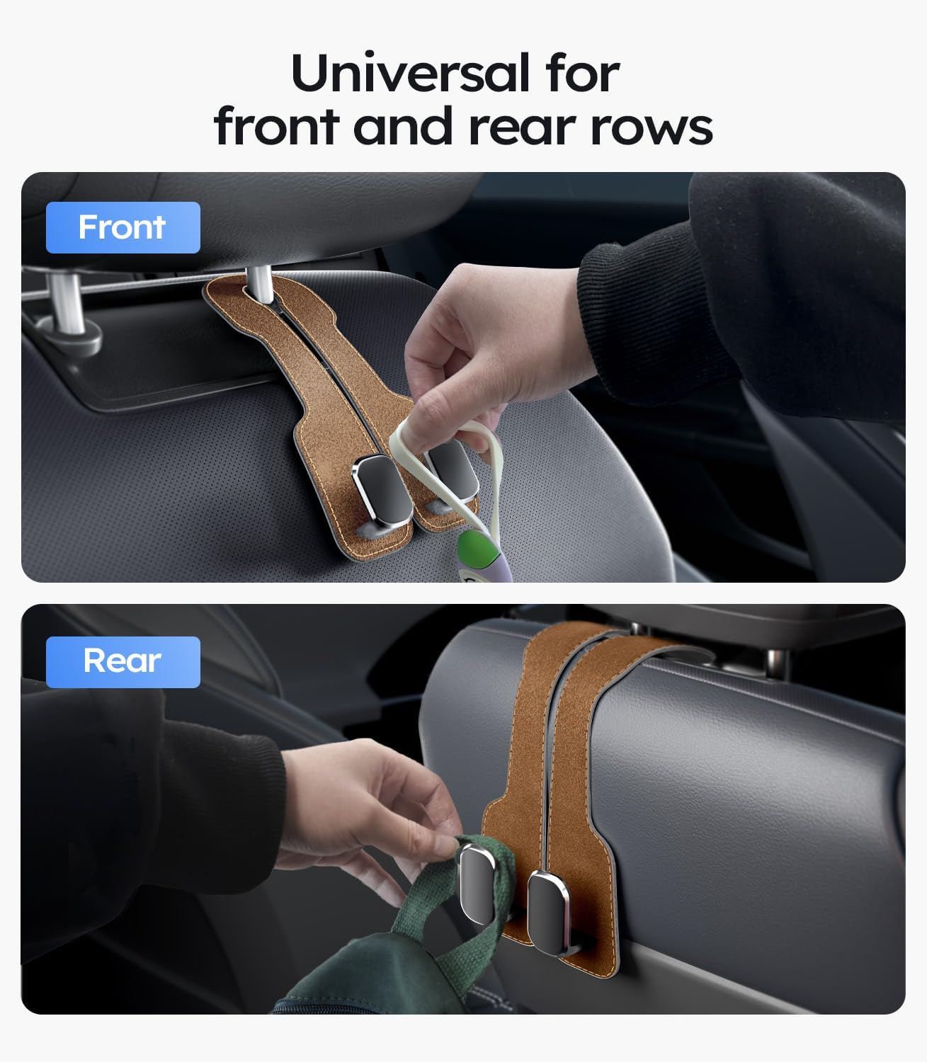 Car seat hook universal for front and rear rows with usage demonstration.