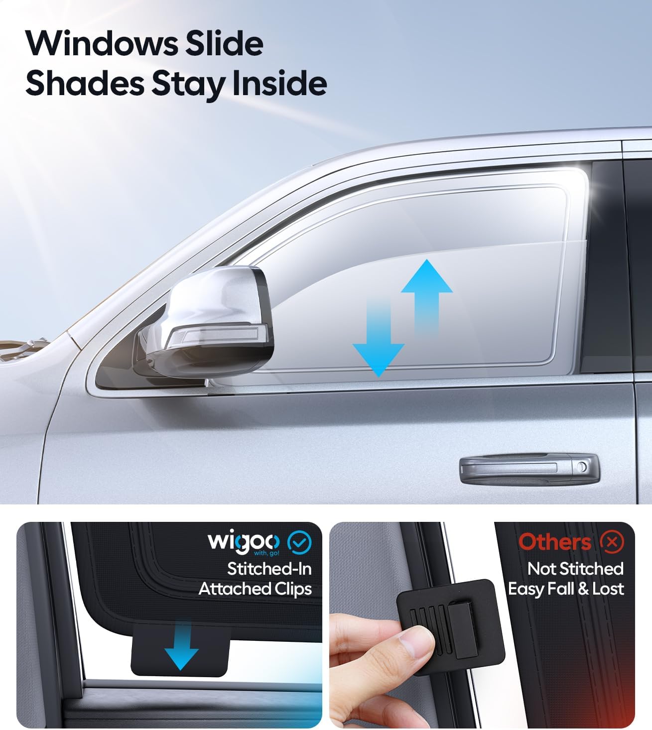 Car window shade with attached clips and comparison to other shades.