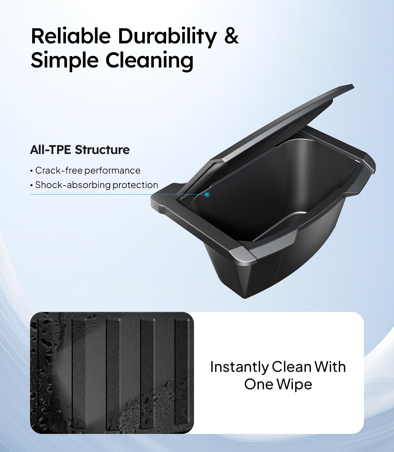 Black container with open lid on a light blue background, featuring text about durability and cleaning.