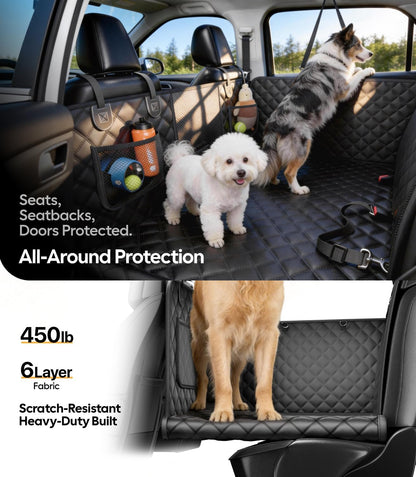 Car interior with a black seat cover protecting seats, seatbacks, and doors, featuring dogs on the cover.