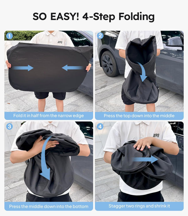 Step-by-step guide on how to fold a car seat cover with arrows indicating the folding process.