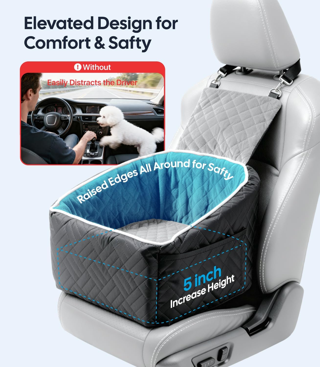 Pet car seat with elevated design for comfort and safety, featuring text and images of a dog distracting the driver.