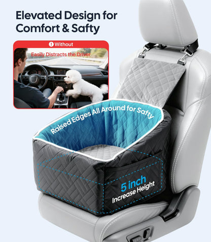 Pet car seat with elevated design for comfort and safety, featuring text and images of a dog distracting the driver.