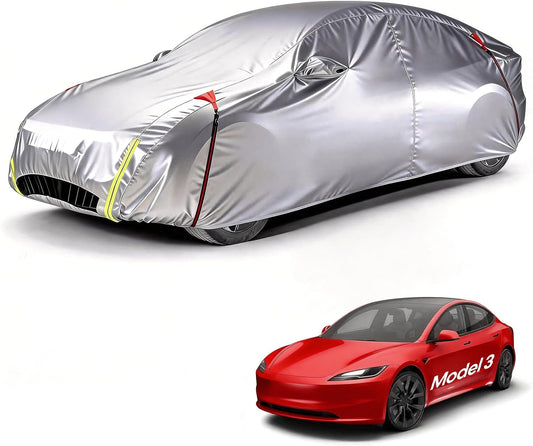 Car cover over a car model with a red Tesla Model 3 below on a white background