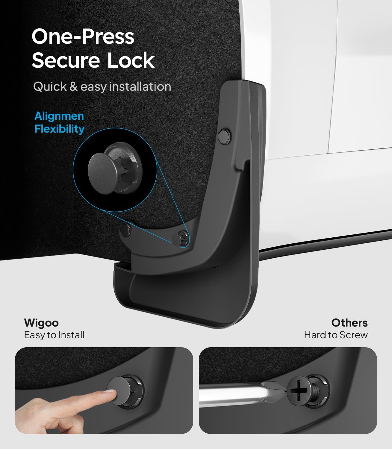 Black one-press secure lock with installation instructions and comparison to 'Others' on a white background.