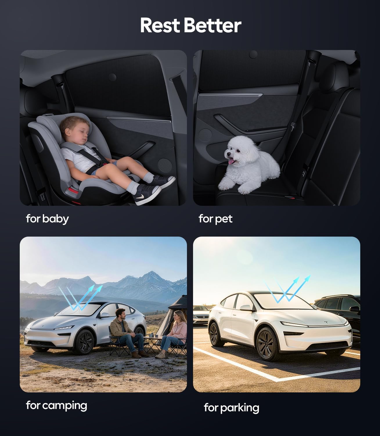 Product advertisement showing car seat for baby and pet, with outdoor scenes of camping and parking.