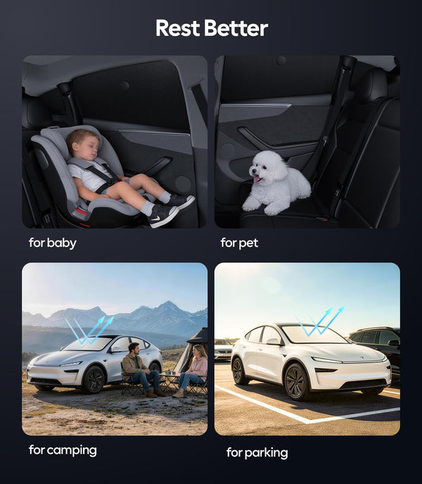 Product advertisement showing car seat for baby and pet, with outdoor scenes of camping and parking.
