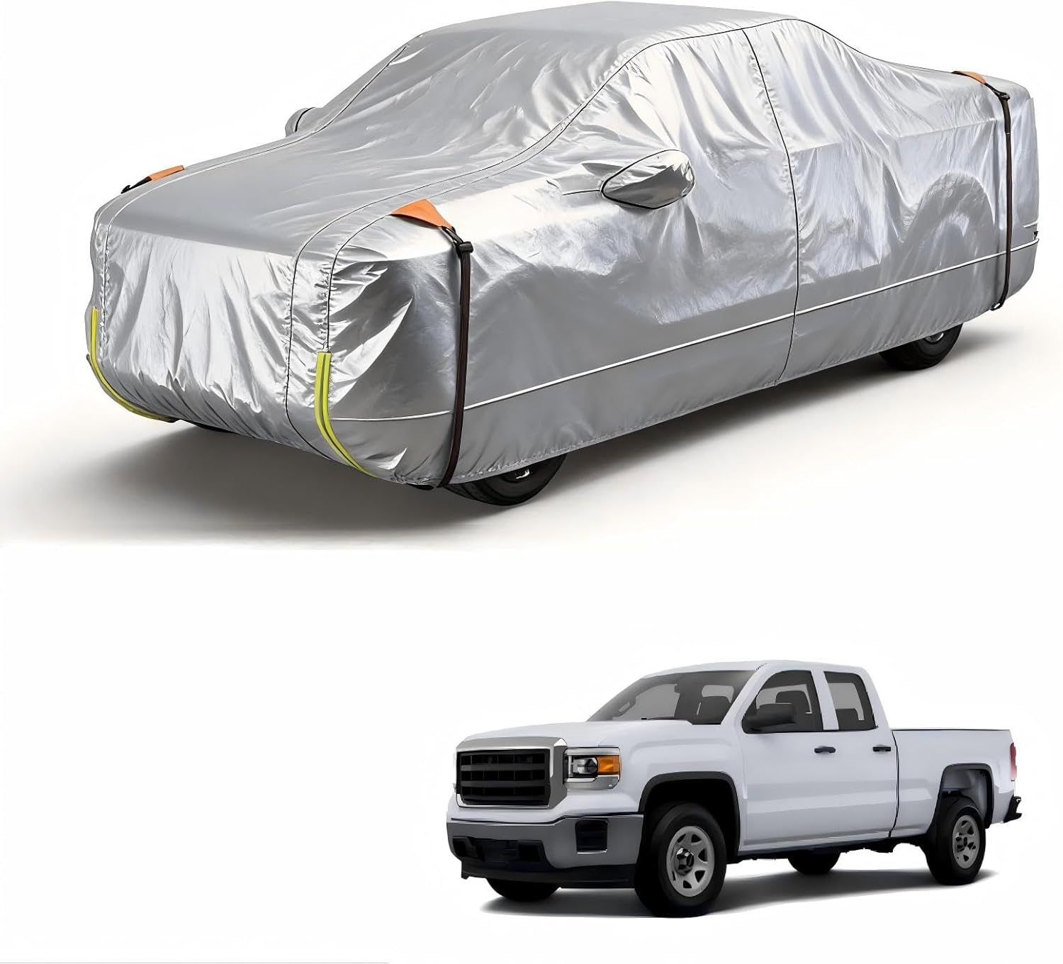 Car cover on a car and a white truck on a white background