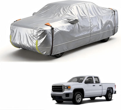 Car cover on a car and a white truck on a white background