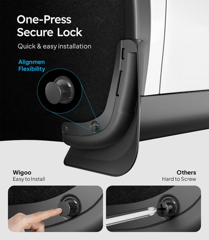 Car door防撞条 with 'One-Press Secure Lock' feature and Wigoo branding.