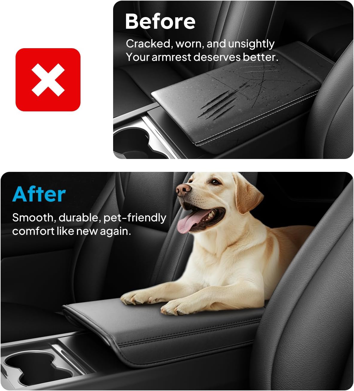 Before and after comparison of a car armrest cover showing wear and tear before, and smooth, durable cover after with a dog using it.
