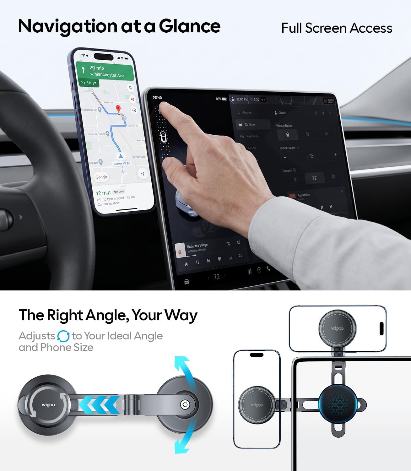 for Tesla Model 3/Y/YL/X/S Phone Mount, OEM-Style, Strongest Magnet | 360° Rotation Foldable Hidden Phone Holder, for Magsafe iPhone 17-12 Series, Tesla Model Y Model 3 Accessories WIGOO