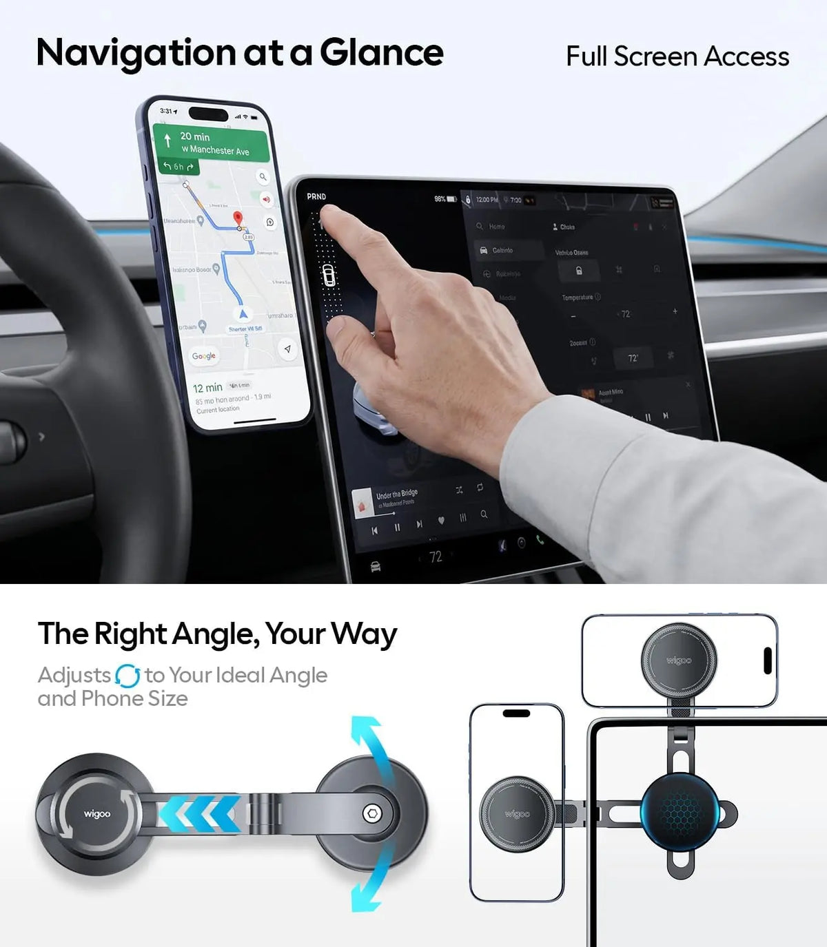 for Tesla Model 3/Y/YL/X/S Phone Mount, OEM-Style, Strongest Magnet | 360° Rotation Foldable Hidden Phone Holder, for Magsafe iPhone 17-12 Series, Tesla Model Y Model 3 Accessories WIGOO