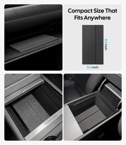 Compact size product shown in various settings with text indicating it fits anywhere.