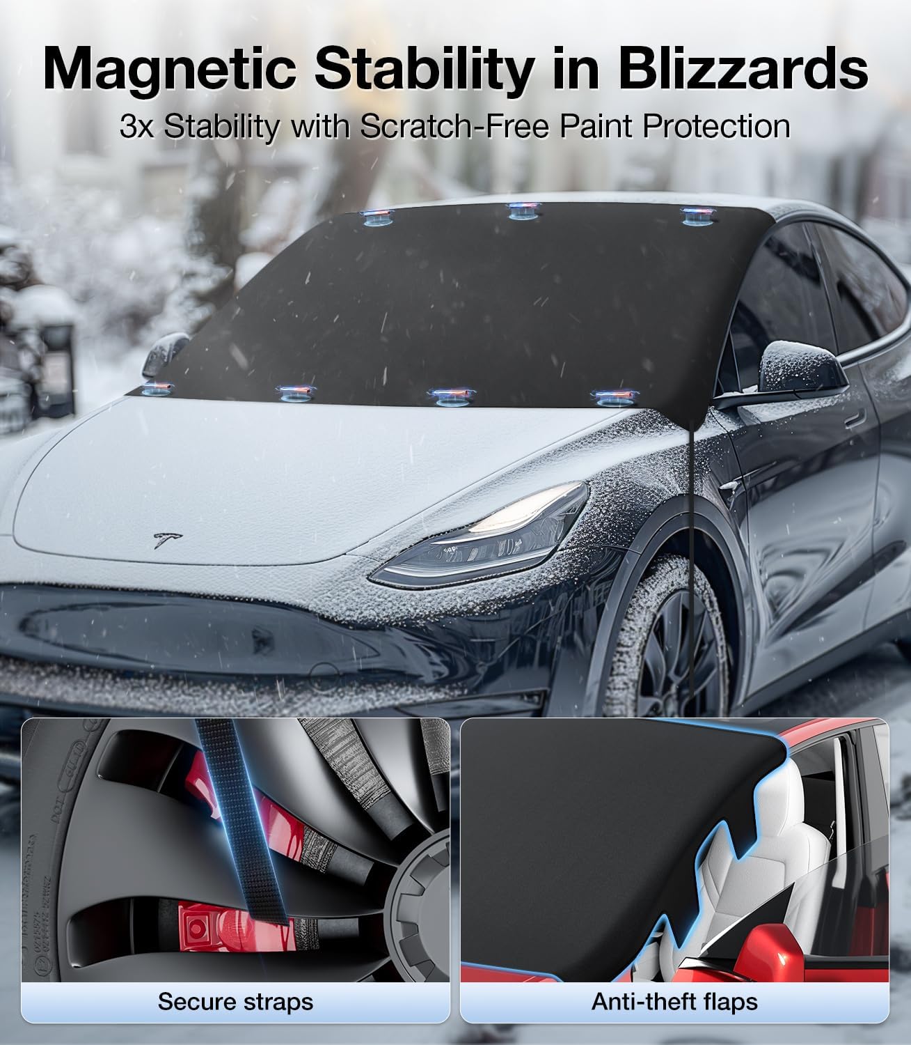 Car with a magnetic windshield cover in a snowy environment, highlighting stability and protection features.