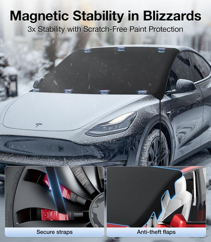 Car with a magnetic windshield cover in a snowy environment, highlighting stability and protection features.