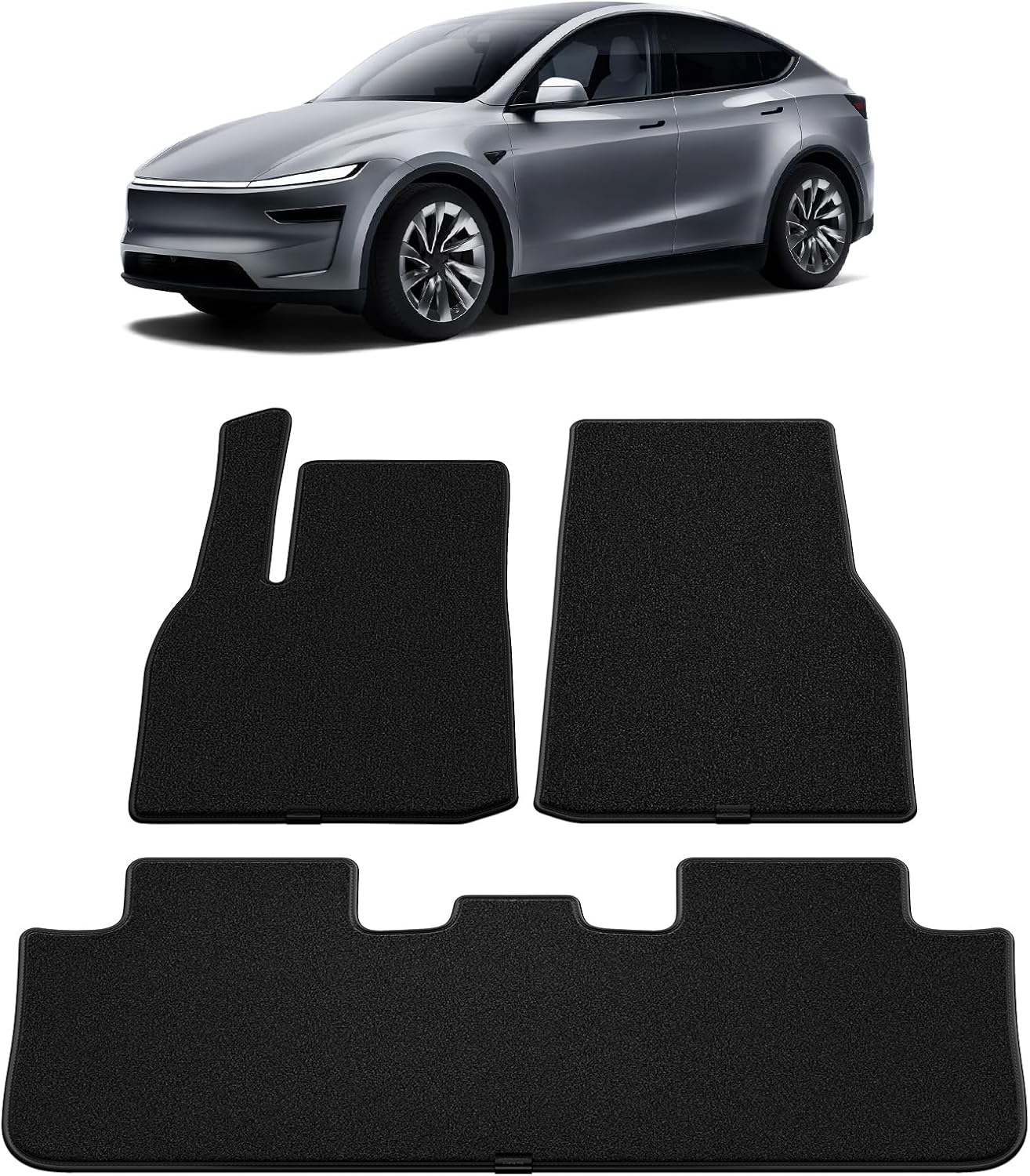Set of black car mats with a silver car in the background