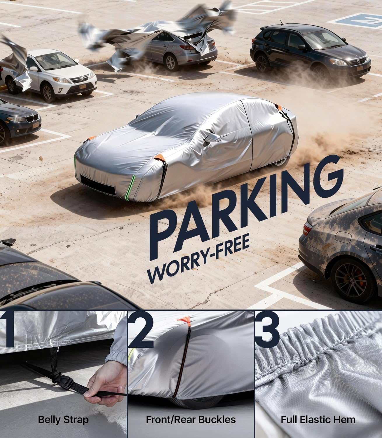 Car cover with text 'Parking Worry-Free' on a parking lot background
