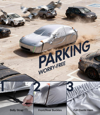 Car cover with text 'Parking Worry-Free' on a parking lot background
