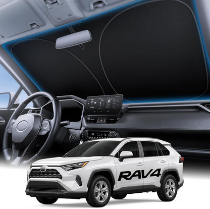 Car interior with steering wheel and dashboard, overlaid with a white Toyota RAV4 vehicle.
