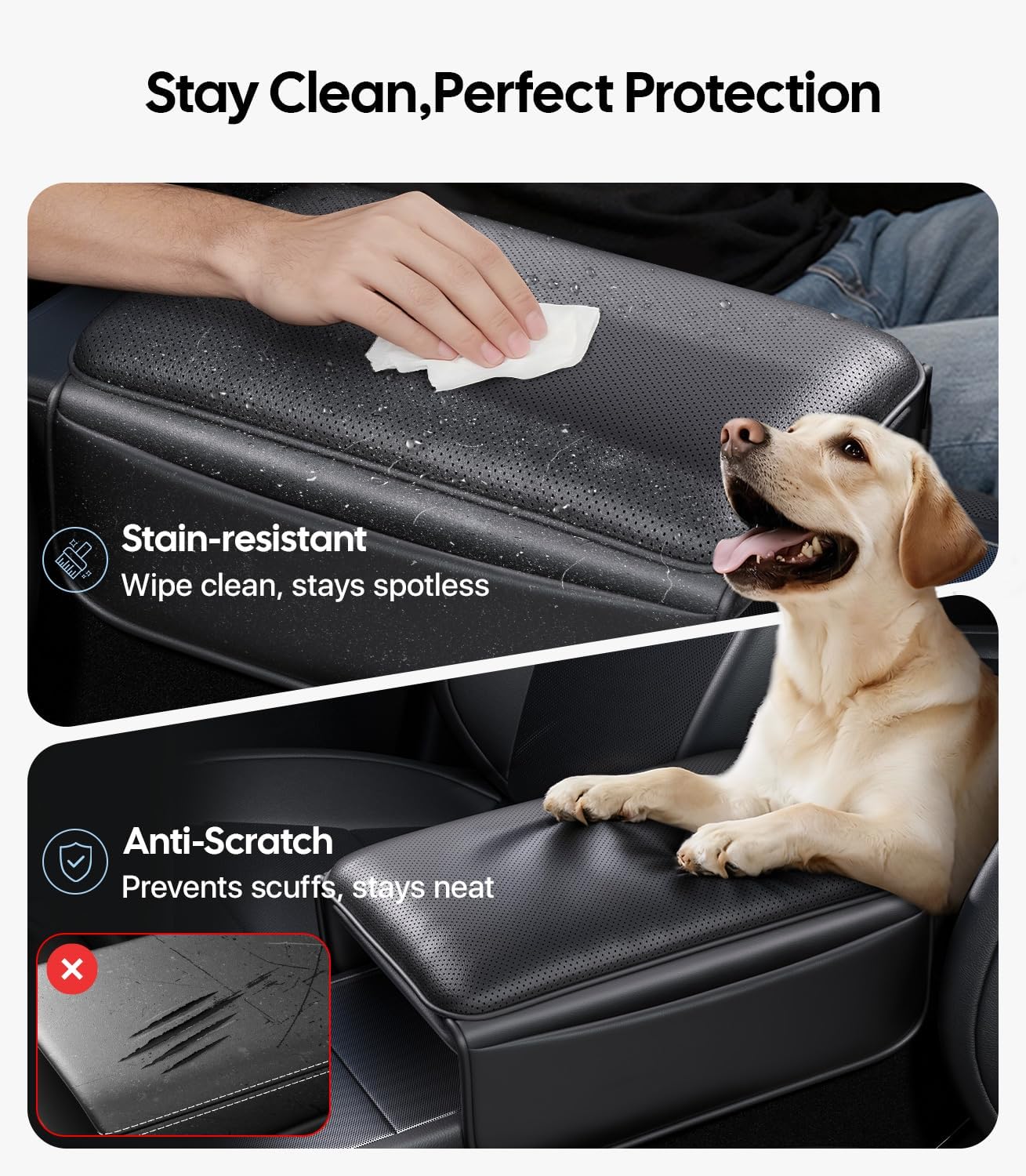 Car console with a hand wiping it, a dog sitting next to it, and text about stain-resistance and anti-scratch properties.