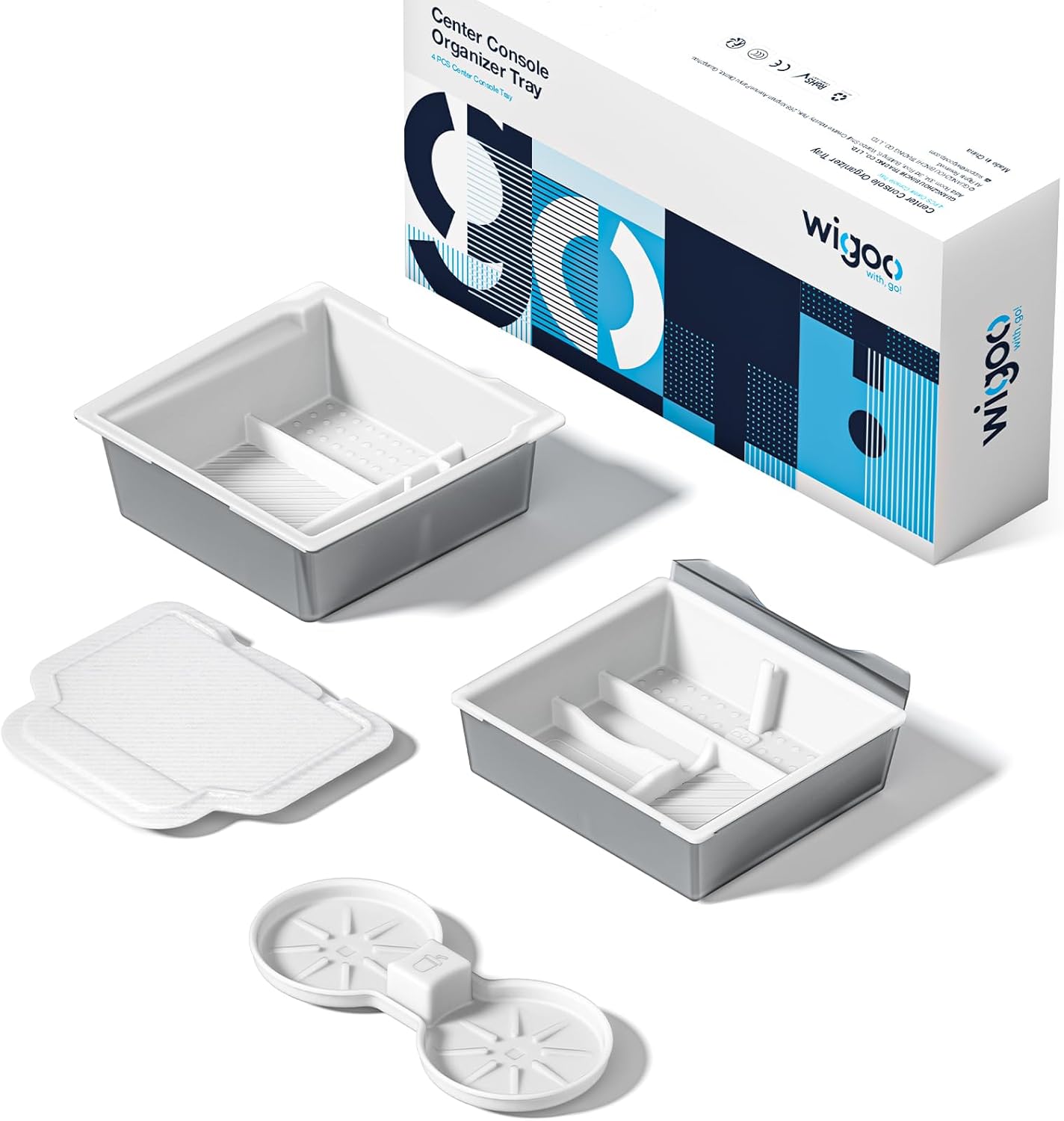 White organizer tray with components and wigoo packaging on a white background